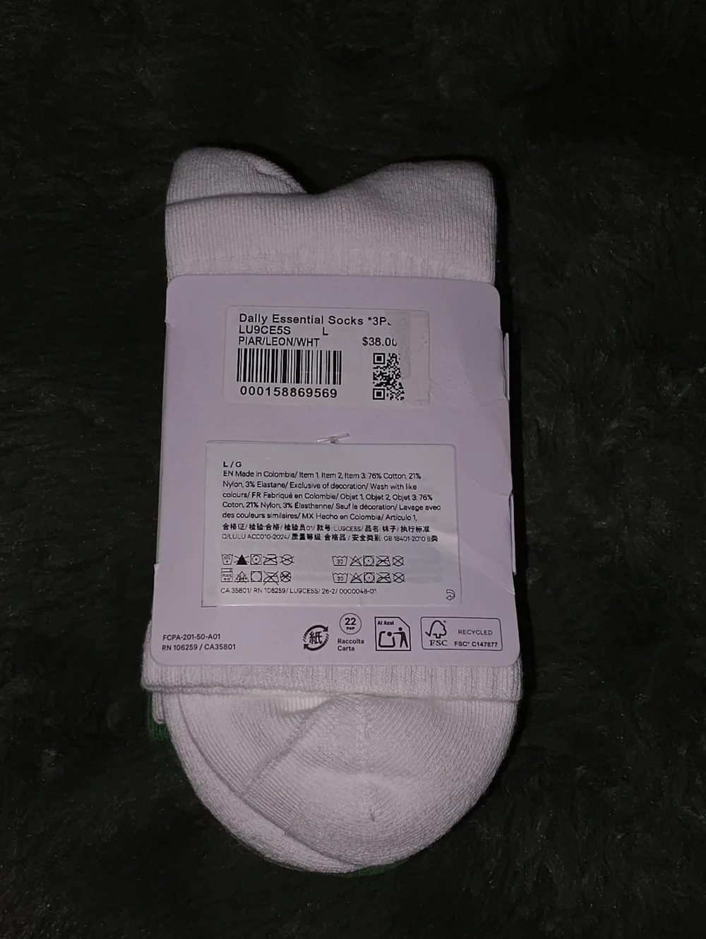Lululemon Daily Essentials Quarter Length Socks, Nwts Sz Large!! PIAR,LEON, WHT